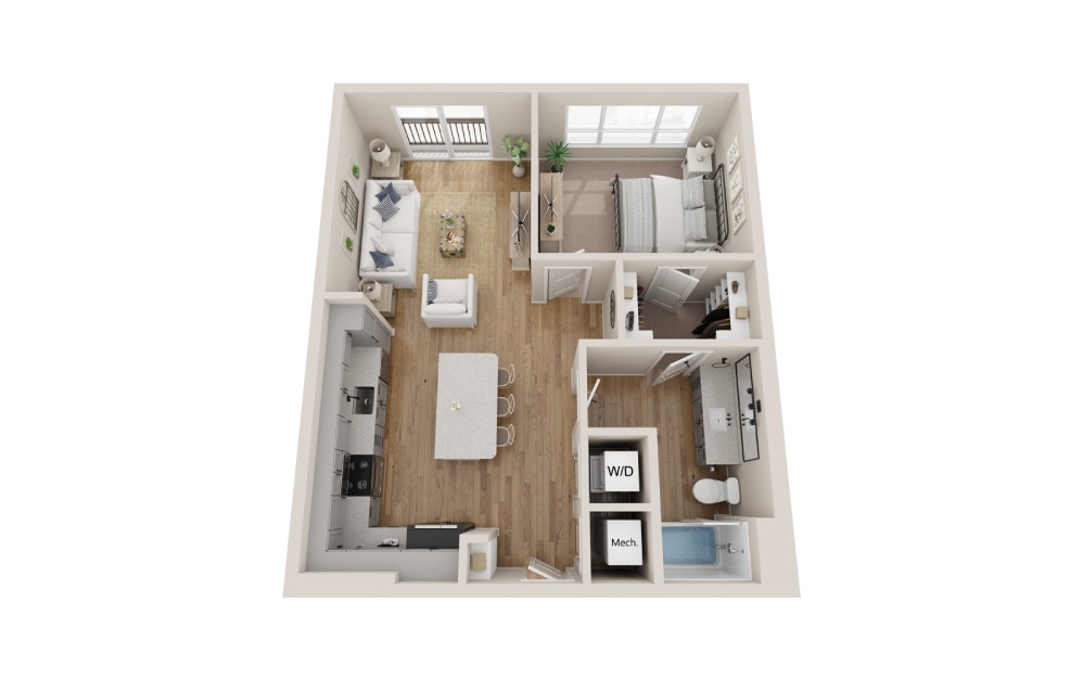 A1D - 1 bedroom floorplan layout with 1 bath and 769 square feet.
