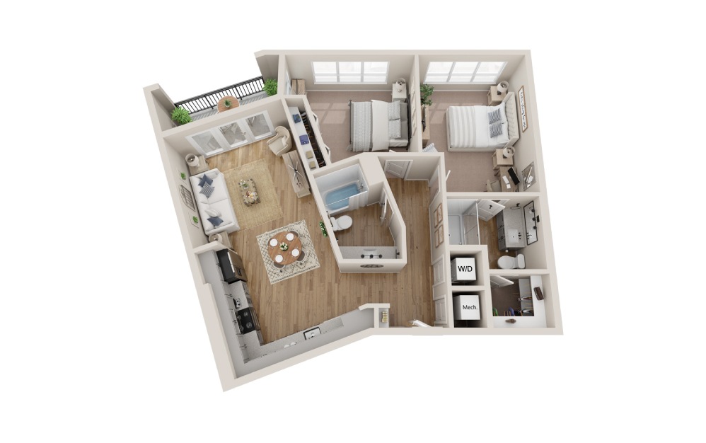 B2A - 2 bedroom floorplan layout with 2 baths and 1067 square feet.