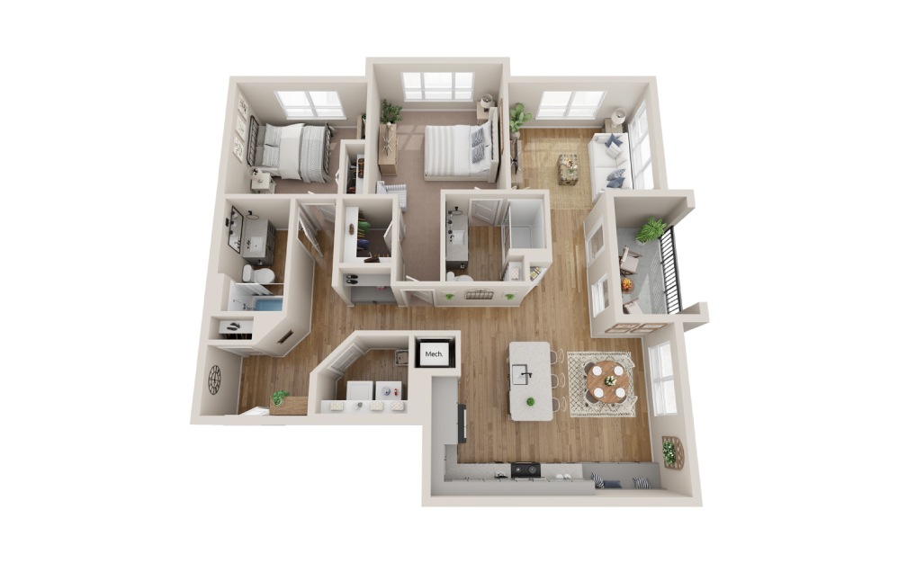 B2J - 2 bedroom floorplan layout with 2 baths and 1256 square feet.