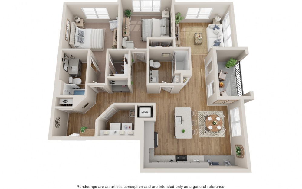 B2I - 2 bedroom floorplan layout with 2 baths and 1256 square feet.
